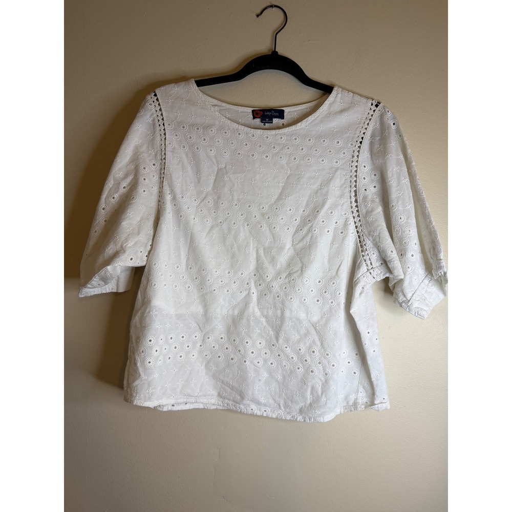 Indigo Poppy Womens M White Embroidered Eyelet Blouse Peasant Boho Cottagecore